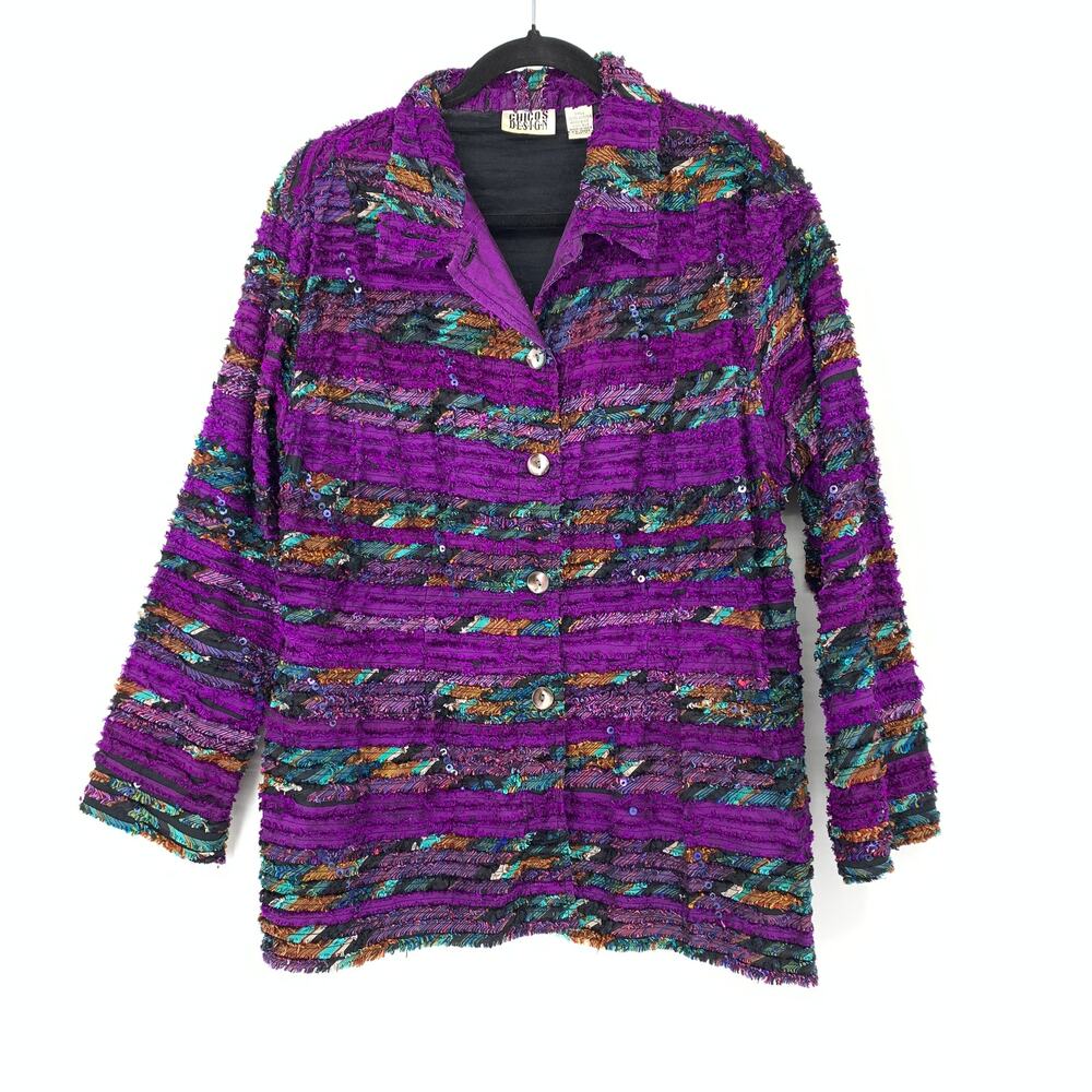 Chicos Design Shirt Jacket Womens Sz 2 US L Ruffle Purple Multicolor Silk Stripe